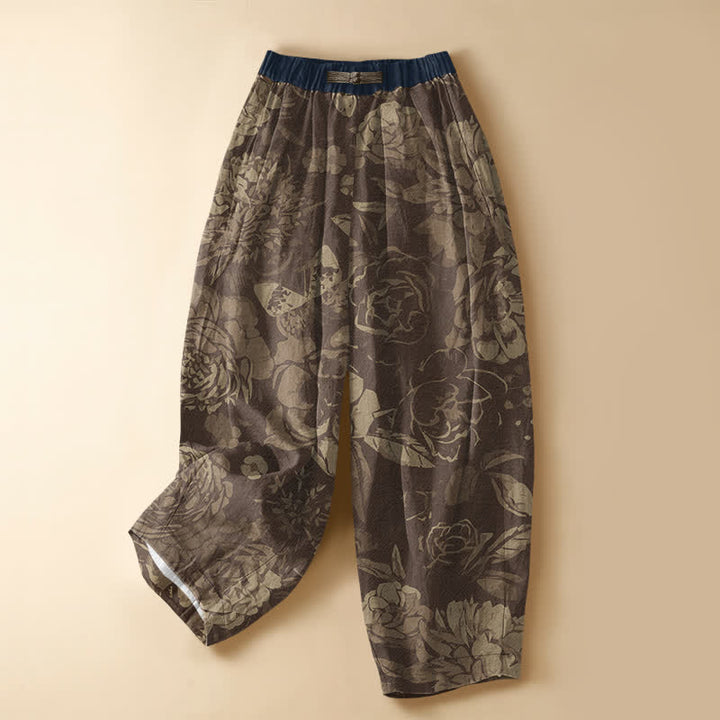 Buddha Stones Pure Cotton Peony Flowers Leaves Pattern Frog Button Women's Elastic Waist Harem Pants With Pockets - SaddleBrown - US16，UK/AU20，EU48 (3XL) - image 7