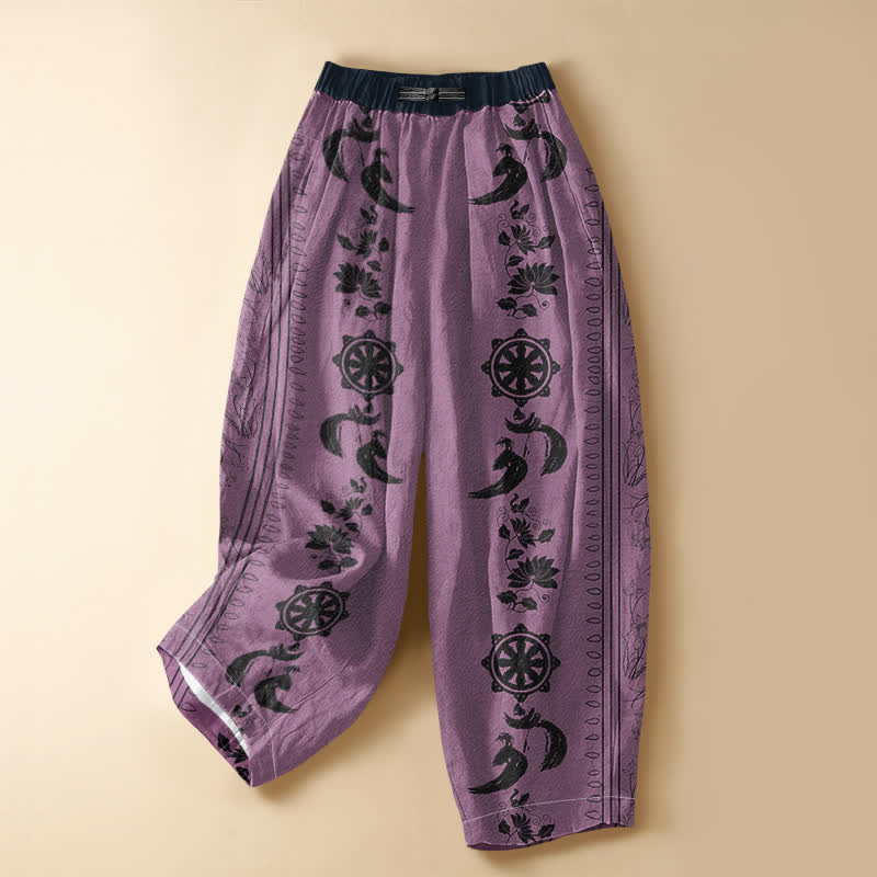 Buddha Stones Pure Cotton Ethnic Dharma Wheel Lotus OM Pattern Frog Button Women's Elastic Waist Harem Pants With Pockets - Plum - US16，UK/AU20，EU48 (3XL) - image 5