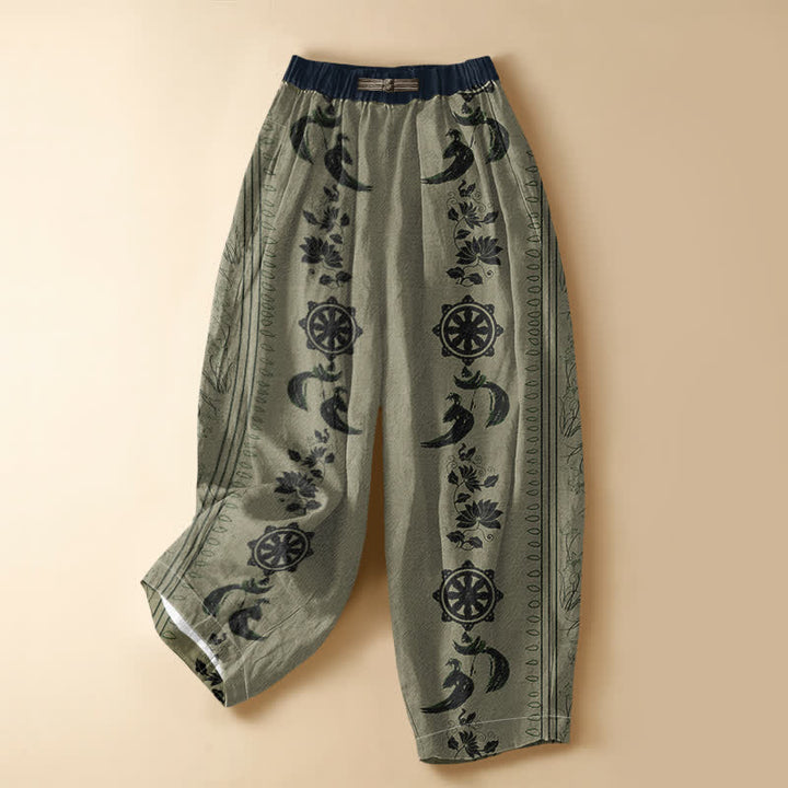 Buddha Stones Pure Cotton Ethnic Dharma Wheel Lotus OM Pattern Frog Button Women's Elastic Waist Harem Pants With Pockets - OliveDrab - US16，UK/AU20，EU48 (3XL) - image 7