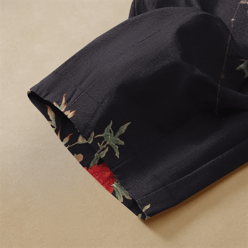 Buddha Stones Pure Cotton Vintage Peony Floral Vine Pattern Frog Button Women's Elastic Waist Harem Pants With Pockets - image 3