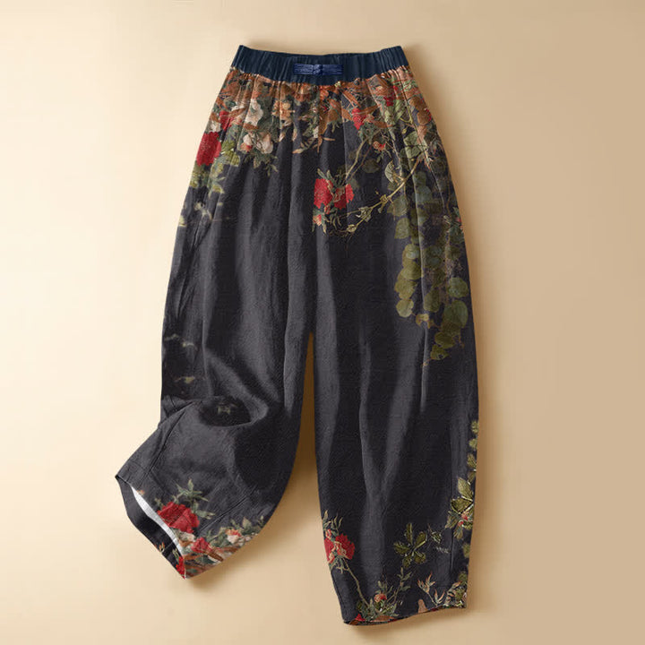 Buddha Stones Pure Cotton Vintage Peony Floral Vine Pattern Frog Button Women's Elastic Waist Harem Pants With Pockets - Black - US16，UK/AU20，EU48 (3XL) - image 0