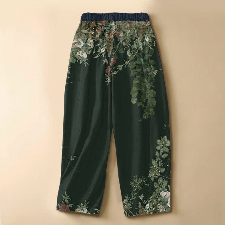 Buddha Stones Pure Cotton Vintage Peony Floral Vine Pattern Frog Button Women's Elastic Waist Harem Pants With Pockets - image 6