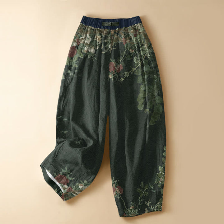 Buddha Stones Pure Cotton Vintage Peony Floral Vine Pattern Frog Button Women's Elastic Waist Harem Pants With Pockets - DarkGreen - US16，UK/AU20，EU48 (3XL) - image 5