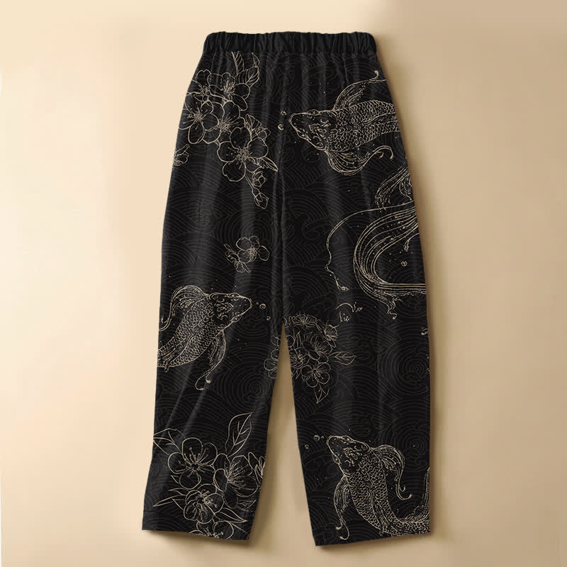 Buddha Stones Pure Cotton Koi Fish Flower Pattern Frog Button Women's Elastic Waist Harem Pants With Pockets - image 1
