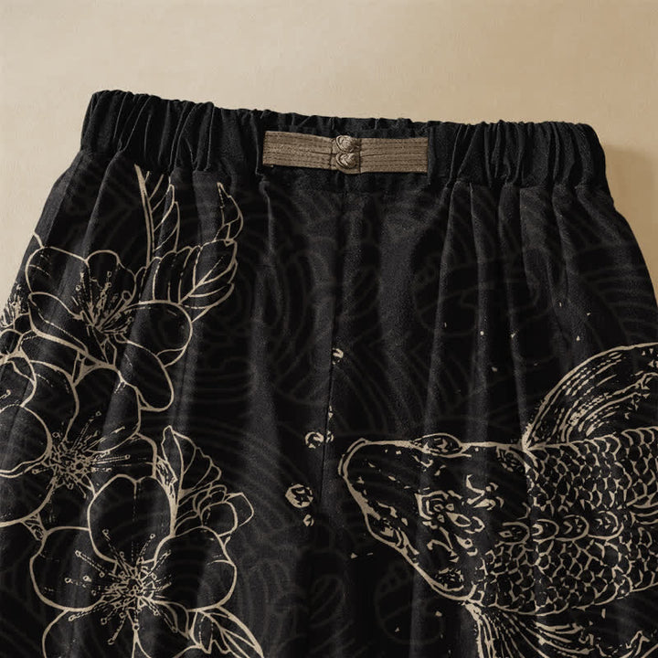 Buddha Stones Pure Cotton Koi Fish Flower Pattern Frog Button Women's Elastic Waist Harem Pants With Pockets - image 2