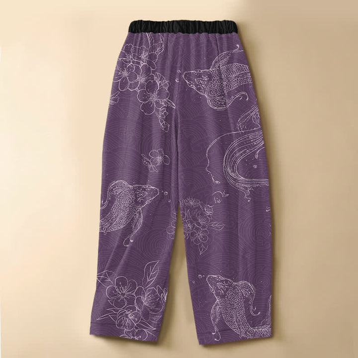Buddha Stones Pure Cotton Koi Fish Flower Pattern Frog Button Women's Elastic Waist Harem Pants With Pockets - image 6