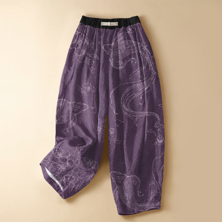 Buddha Stones Pure Cotton Koi Fish Flower Pattern Frog Button Women's Elastic Waist Harem Pants With Pockets - Purple - US16，UK/AU20，EU48 (3XL) - image 5