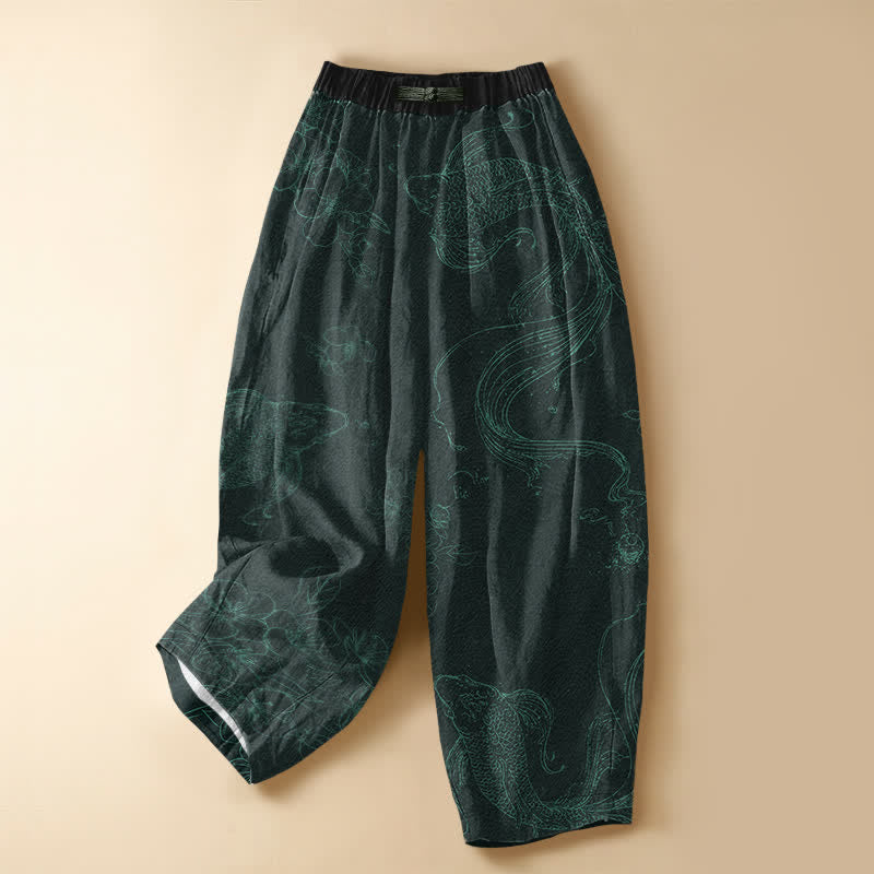 Buddha Stones Pure Cotton Koi Fish Flower Pattern Frog Button Women's Elastic Waist Harem Pants With Pockets - Teal - US16，UK/AU20，EU48 (3XL) - image 7