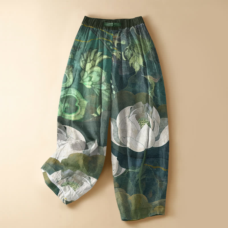 Buddha Stones Pure Cotton Watercolor White Lotus Leaf Pattern Frog Button Women's Elastic Waist Harem Pants With Pockets - SeaGreen - US16，UK/AU20，EU48 (3XL) - image 0