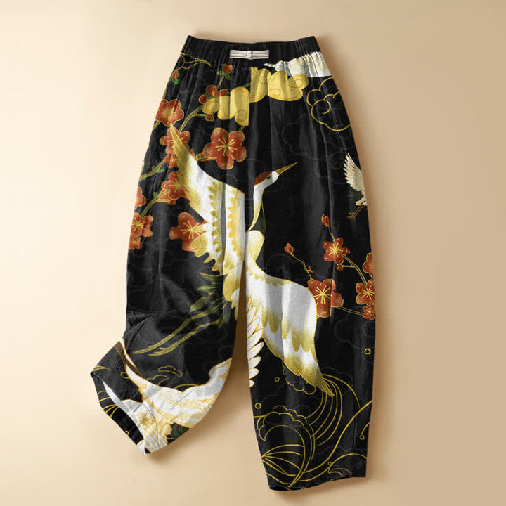 Buddha Stones Pure Cotton Oriental Crane Blossom Flowers Auspicious Clouds Pattern Frog Button Women's Elastic Waist Harem Pants With Pockets - Black - US16，UK/AU20，EU48 (3XL) - image 0