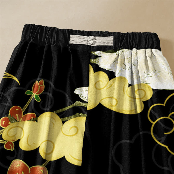 Buddha Stones Pure Cotton Oriental Crane Blossom Flowers Auspicious Clouds Pattern Frog Button Women's Elastic Waist Harem Pants With Pockets - image 2