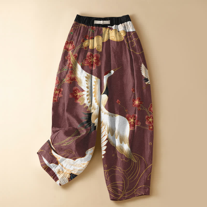 Buddha Stones Pure Cotton Oriental Crane Blossom Flowers Auspicious Clouds Pattern Frog Button Women's Elastic Waist Harem Pants With Pockets - Maroon - US16，UK/AU20，EU48 (3XL) - image 7