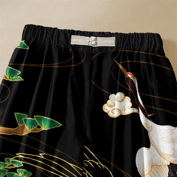 Buddha Stones Pure Cotton Oriental Flying Crane Cloud Pattern Frog Button Women's Elastic Waist Harem Pants With Pockets - image 2