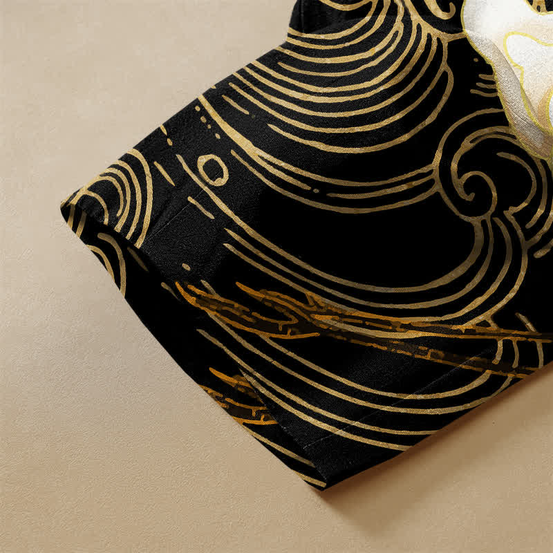 Buddha Stones Pure Cotton Oriental Flying Crane Cloud Pattern Frog Button Women's Elastic Waist Harem Pants With Pockets - image 3