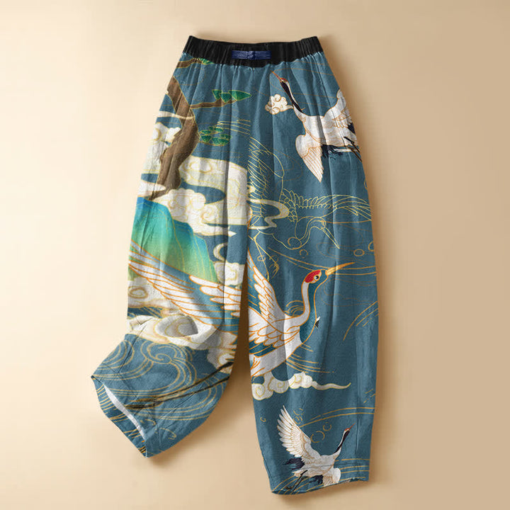 Buddha Stones Pure Cotton Oriental Flying Crane Cloud Pattern Frog Button Women's Elastic Waist Harem Pants With Pockets - CadetBlue - US16，UK/AU20，EU48 (3XL) - image 5