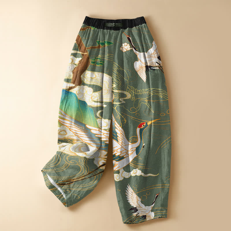 Buddha Stones Pure Cotton Oriental Flying Crane Cloud Pattern Frog Button Women's Elastic Waist Harem Pants With Pockets - SeaGreen - US16，UK/AU20，EU48 (3XL) - image 7