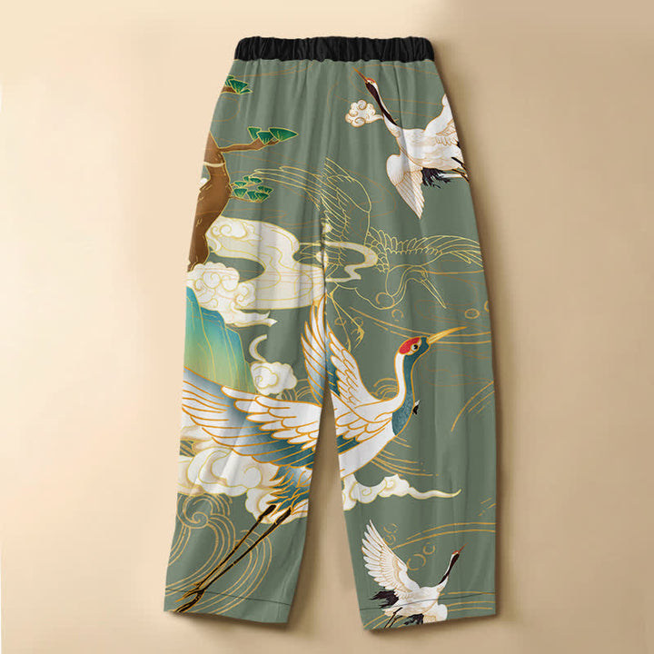 Buddha Stones Pure Cotton Oriental Flying Crane Cloud Pattern Frog Button Women's Elastic Waist Harem Pants With Pockets - image 8