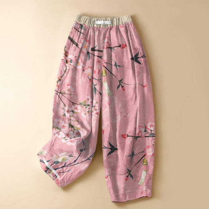 Buddha Stones Pure Cotton Sakura Swallow Pattern Frog Button Women's Elastic Waist Harem Pants With Pockets - LightPink - US16，UK/AU20，EU48 (3XL) - image 5
