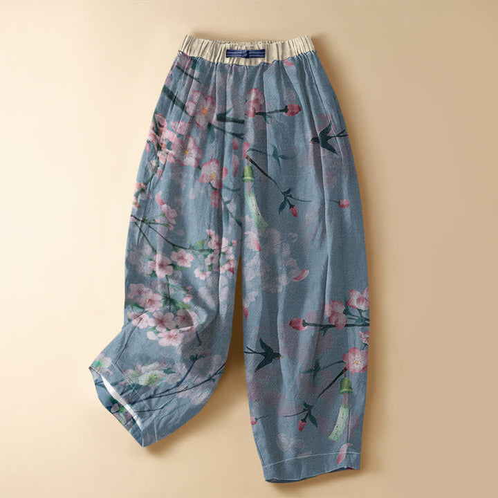 Buddha Stones Pure Cotton Sakura Swallow Pattern Frog Button Women's Elastic Waist Harem Pants With Pockets - LightSteelBlue - US16，UK/AU20，EU48 (3XL) - image 7