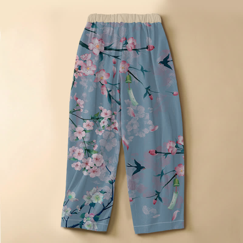 Buddha Stones Pure Cotton Sakura Swallow Pattern Frog Button Women's Elastic Waist Harem Pants With Pockets - image 8