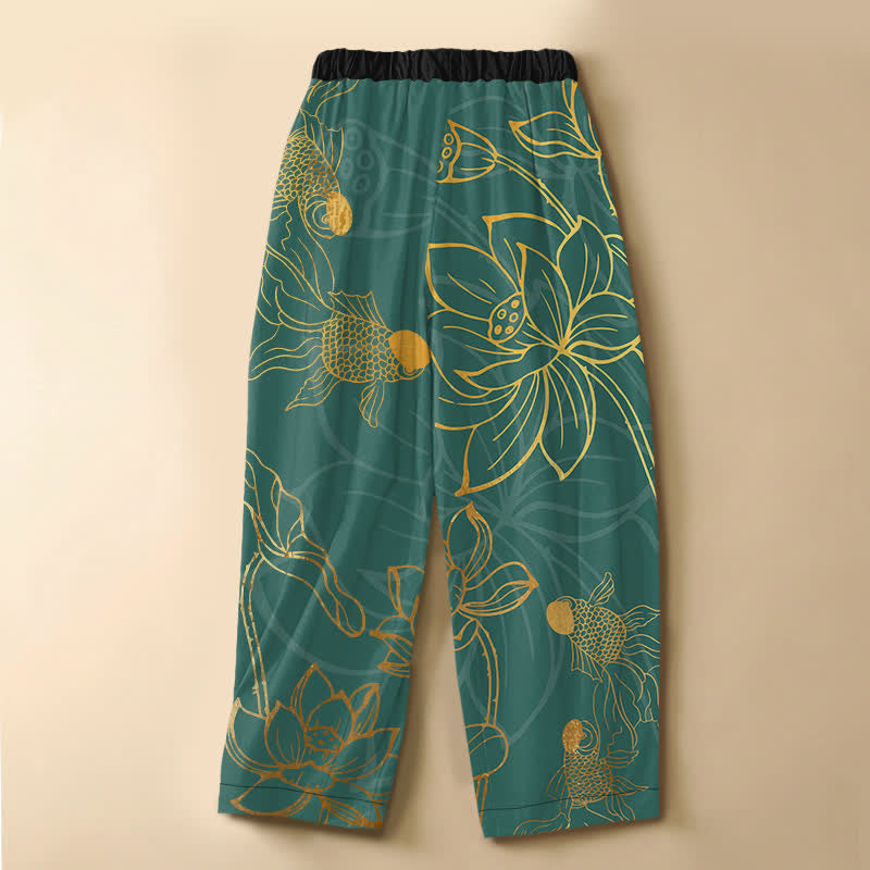 Buddha Stones Pure Cotton Golden Lotus Leaf Koi Fish Pattern Frog Button Women's Elastic Waist Harem Pants With Pockets - image 1