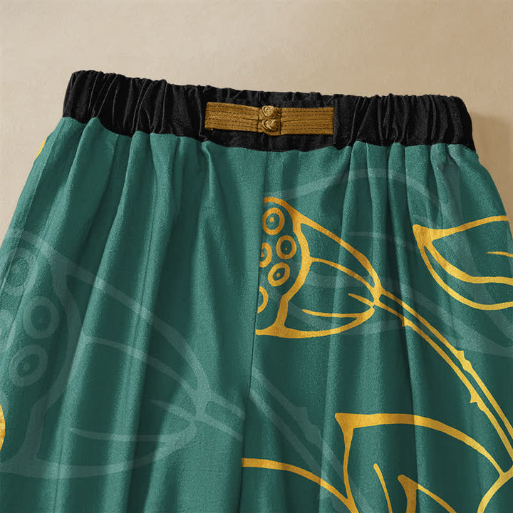 Buddha Stones Pure Cotton Golden Lotus Leaf Koi Fish Pattern Frog Button Women's Elastic Waist Harem Pants With Pockets - image 2