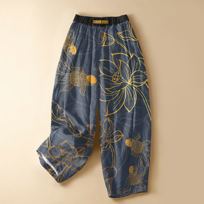 Buddha Stones Pure Cotton Golden Lotus Leaf Koi Fish Pattern Frog Button Women's Elastic Waist Harem Pants With Pockets - SteelBlue - US16，UK/AU20，EU48 (3XL) - image 5