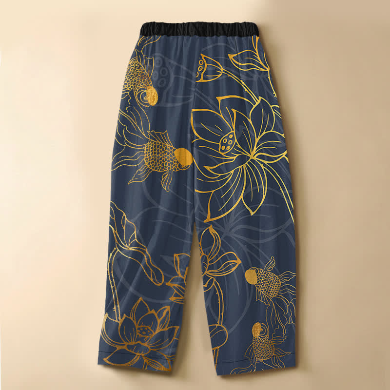 Buddha Stones Pure Cotton Golden Lotus Leaf Koi Fish Pattern Frog Button Women's Elastic Waist Harem Pants With Pockets - image 6
