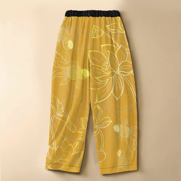 Buddha Stones Pure Cotton Golden Lotus Leaf Koi Fish Pattern Frog Button Women's Elastic Waist Harem Pants With Pockets - image 8