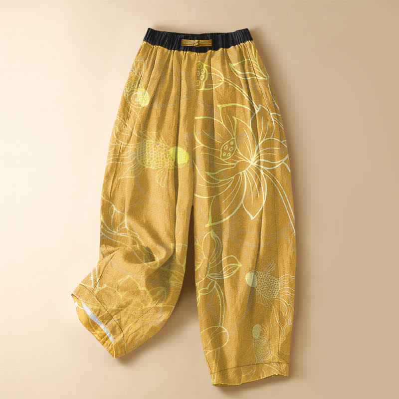 Buddha Stones Pure Cotton Golden Lotus Leaf Koi Fish Pattern Frog Button Women's Elastic Waist Harem Pants With Pockets - Goldenrod - US16，UK/AU20，EU48 (3XL) - image 7
