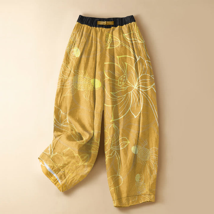 Buddha Stones Pure Cotton Golden Lotus Leaf Koi Fish Pattern Frog Button Women's Elastic Waist Harem Pants With Pockets - Goldenrod - US16，UK/AU20，EU48 (3XL) - image 7