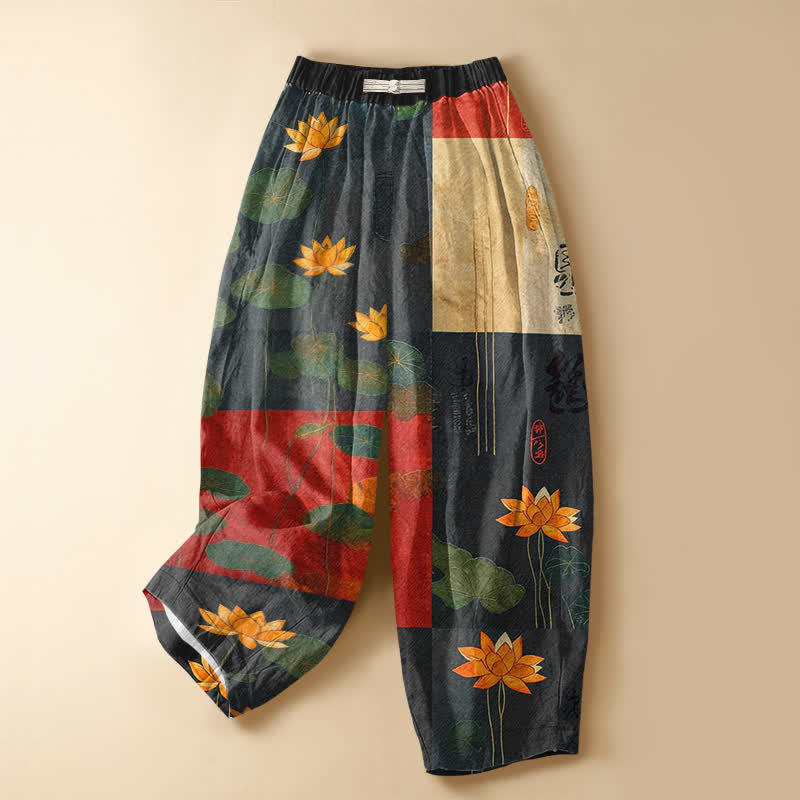 Buddha Stones Pure Cotton Vintage Lotus Patchwork Pattern Frog Button Women's Elastic Waist Harem Pants With Pockets - SteelBlue - US16，UK/AU20，EU48 (3XL) - image 0