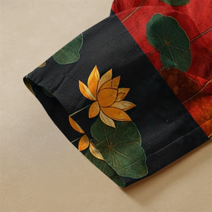 Buddha Stones Pure Cotton Vintage Lotus Patchwork Pattern Frog Button Women's Elastic Waist Harem Pants With Pockets - image 3