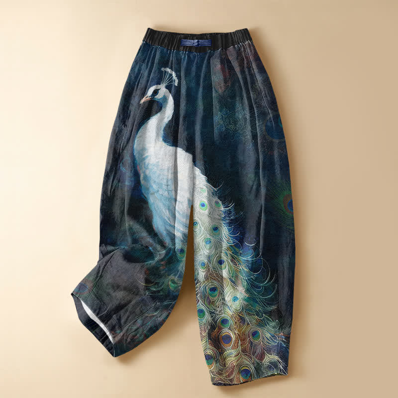 Buddha Stones Pure Cotton White Peacock Pattern Frog Button Women's Elastic Waist Harem Pants With Pockets - Navy - US16，UK/AU20，EU48 (3XL) - image 0