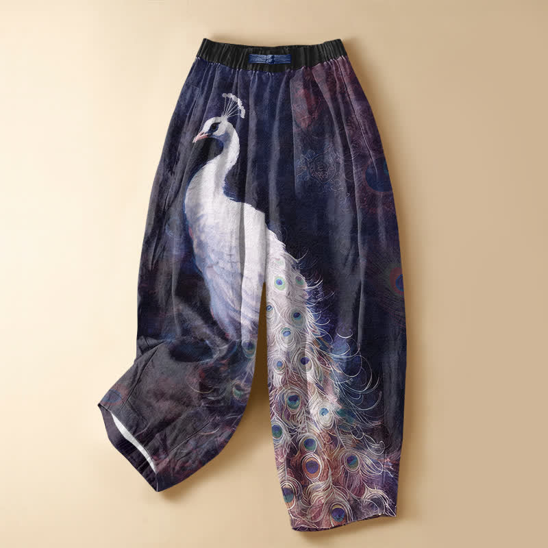 Buddha Stones Pure Cotton White Peacock Pattern Frog Button Women's Elastic Waist Harem Pants With Pockets - Indigo - US16，UK/AU20，EU48 (3XL) - image 7