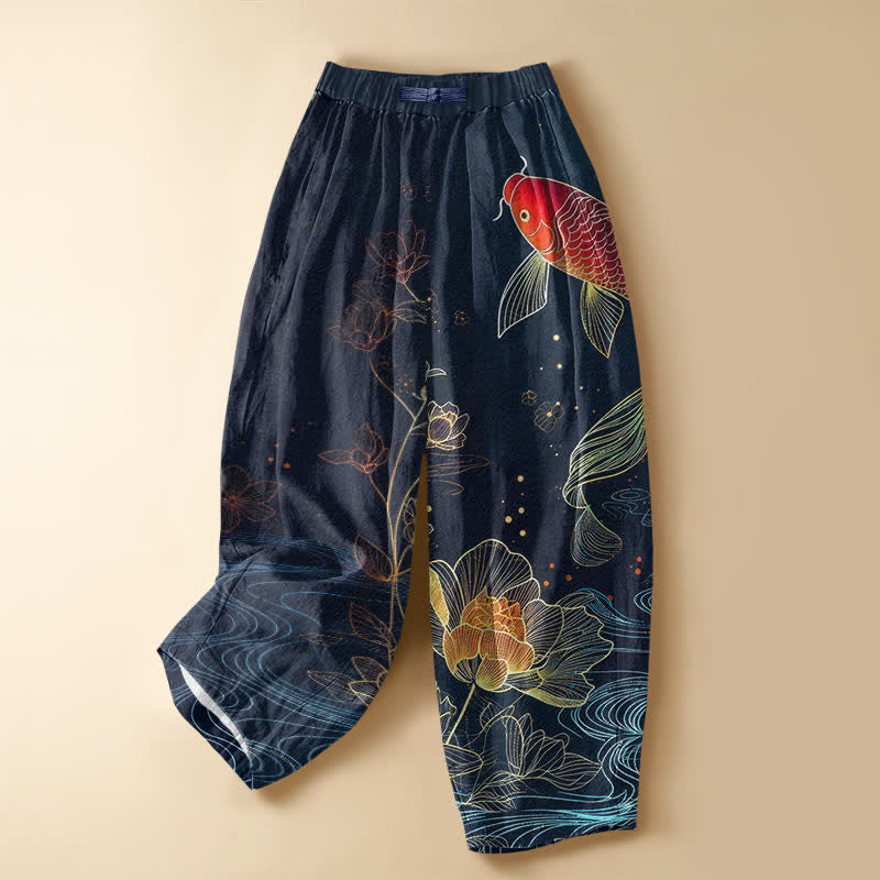 Buddha Stones Pure Cotton Vintage Red Koi Fish Lotus Pattern Frog Button Women's Elastic Waist Harem Pants With Pockets - Navy - US16，UK/AU20，EU48 (3XL) - image 0