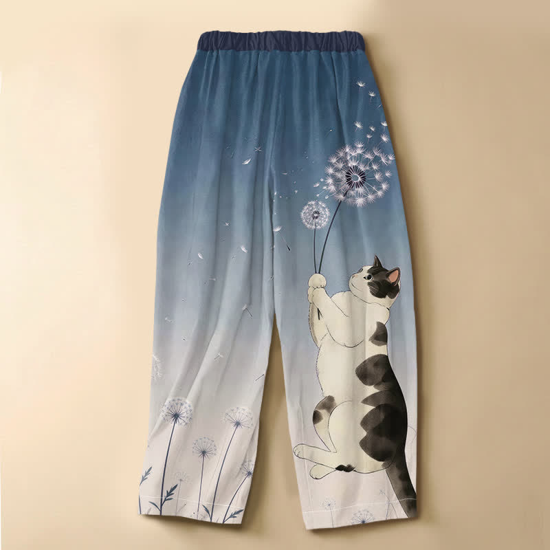Buddha Stones Pure Cotton Playful Cat Dandelion Pattern Frog Button Women's Elastic Waist Harem Pants With Pockets - image 1