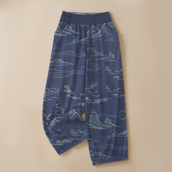 Buddha Stones Cotton Mountain Moon Auspicious Clouds Pattern Pleated Elastic Waist Women's Harem Pants With Pockets - image 9