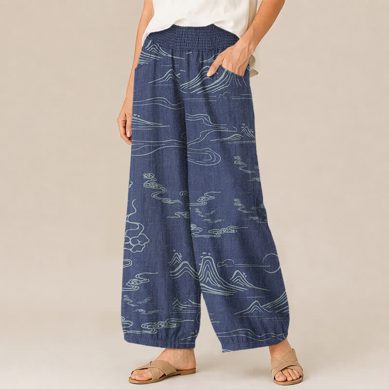 Buddha Stones Cotton Mountain Moon Auspicious Clouds Pattern Pleated Elastic Waist Women's Harem Pants With Pockets - image 7