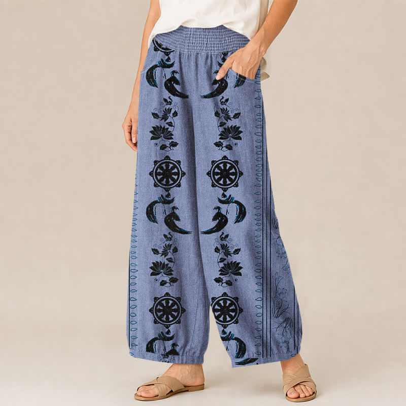 Buddha Stones Cotton Dharma Wheel Lotus OM Pattern Pleated Elastic Waist Women's Harem Pants With Pockets - image 1
