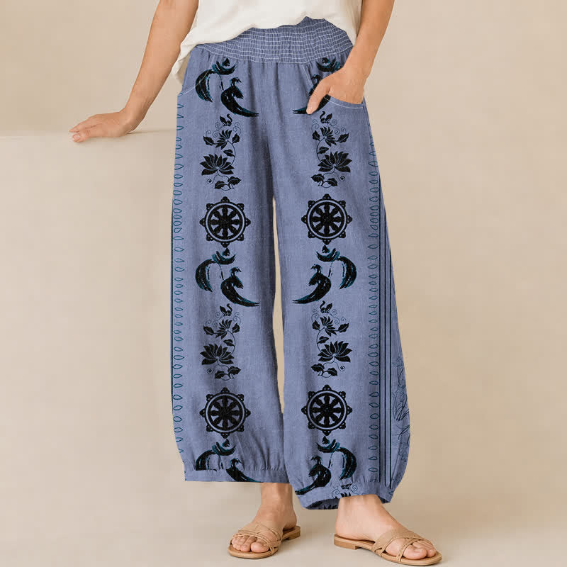 Buddha Stones Cotton Dharma Wheel Lotus OM Pattern Pleated Elastic Waist Women's Harem Pants With Pockets - CornflowerBlue - US16，UK/AU20，EU48 (3XL) - image 0