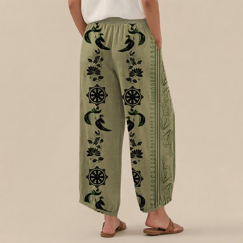 Buddha Stones Cotton Dharma Wheel Lotus OM Pattern Pleated Elastic Waist Women's Harem Pants With Pockets - image 12
