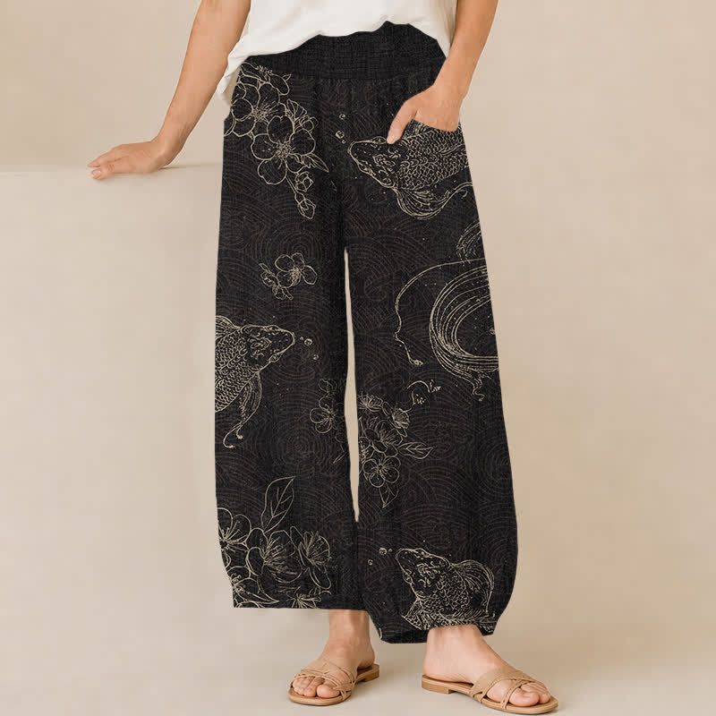 Buddha Stones Cotton Vintage Koi Fish Floral Pattern Pleated Elastic Waist Women's Harem Pants With Pockets - Black - US16，UK/AU20，EU48 (3XL) - image 0