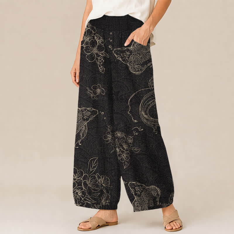 Buddha Stones Cotton Vintage Koi Fish Floral Pattern Pleated Elastic Waist Women's Harem Pants With Pockets - image 1