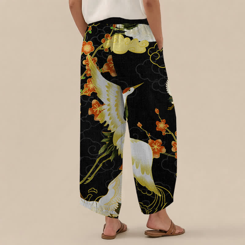 Buddha Stones Cotton Oriental Crane Blossom Pattern Pleated Elastic Waist Women's Harem Pants With Pockets - image 2