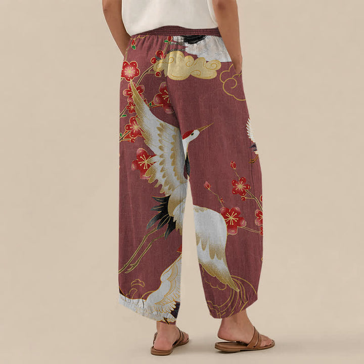 Buddha Stones Cotton Oriental Crane Blossom Pattern Pleated Elastic Waist Women's Harem Pants With Pockets - image 8