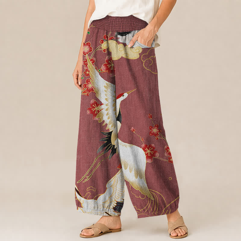 Buddha Stones Cotton Oriental Crane Blossom Pattern Pleated Elastic Waist Women's Harem Pants With Pockets - image 7