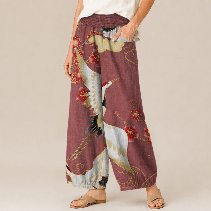 Buddha Stones Cotton Oriental Crane Blossom Pattern Pleated Elastic Waist Women's Harem Pants With Pockets - image 7