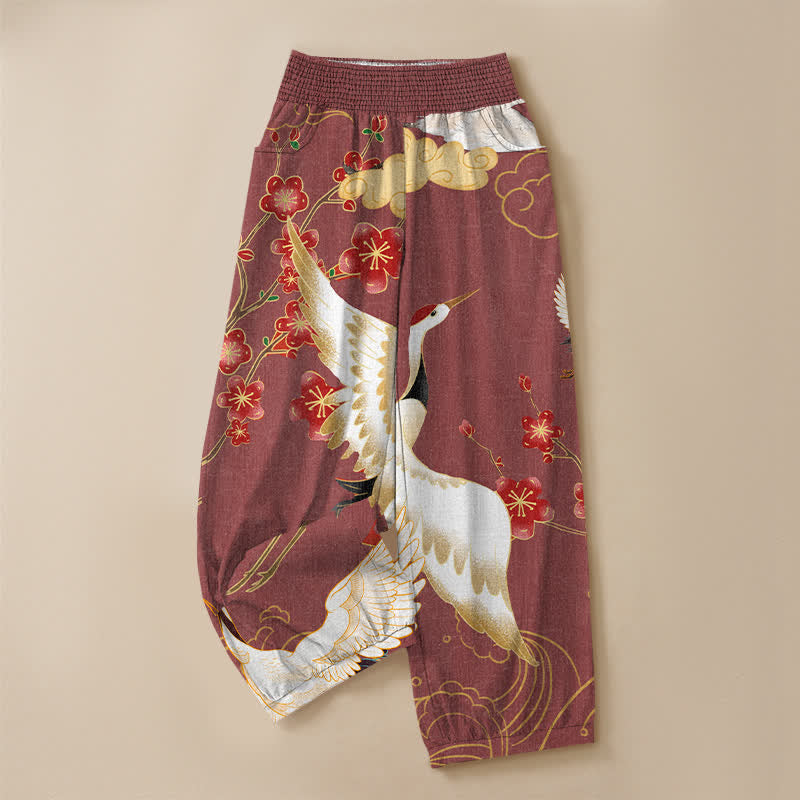 Buddha Stones Cotton Oriental Crane Blossom Pattern Pleated Elastic Waist Women's Harem Pants With Pockets - image 9