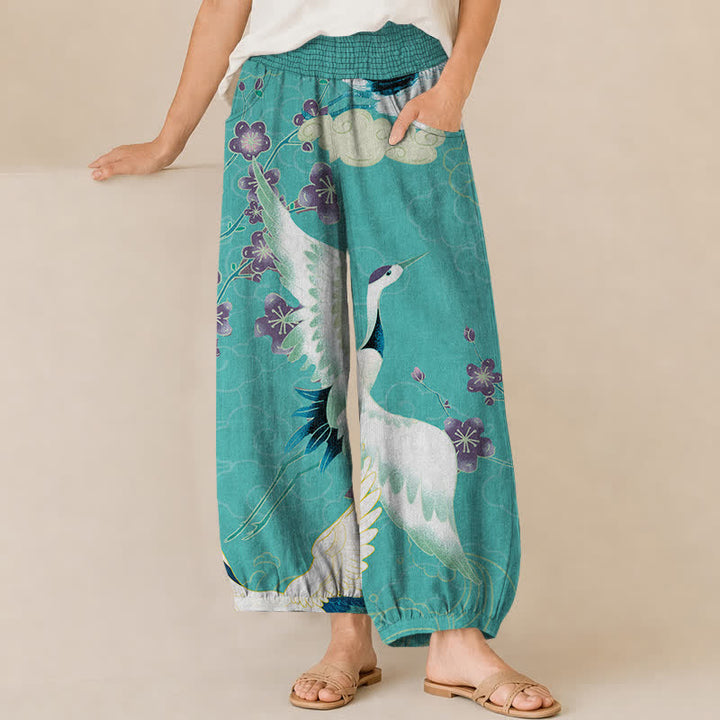 Buddha Stones Cotton Oriental Crane Blossom Pattern Pleated Elastic Waist Women's Harem Pants With Pockets - Turquoise - US16，UK/AU20，EU48 (3XL) - image 10
